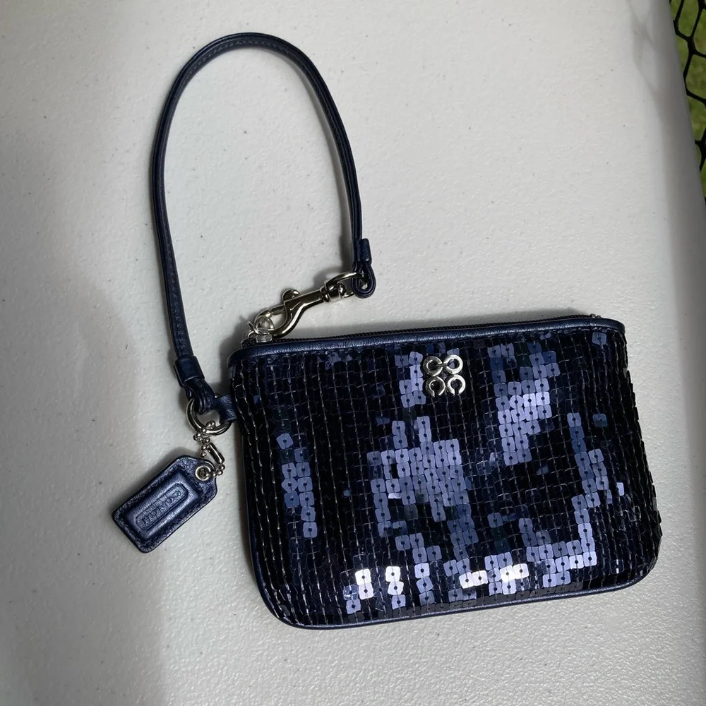 Coach Navy Blue Sparkle Sequins Zipper Pouch Wristlet Cosmetic Bag Purse Wallet